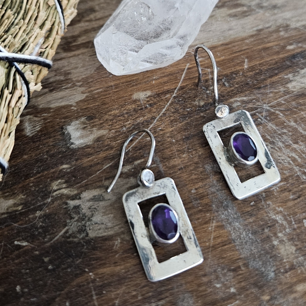 sterling silver 925 purple rectangle cutout boho indie drop dangle earrings